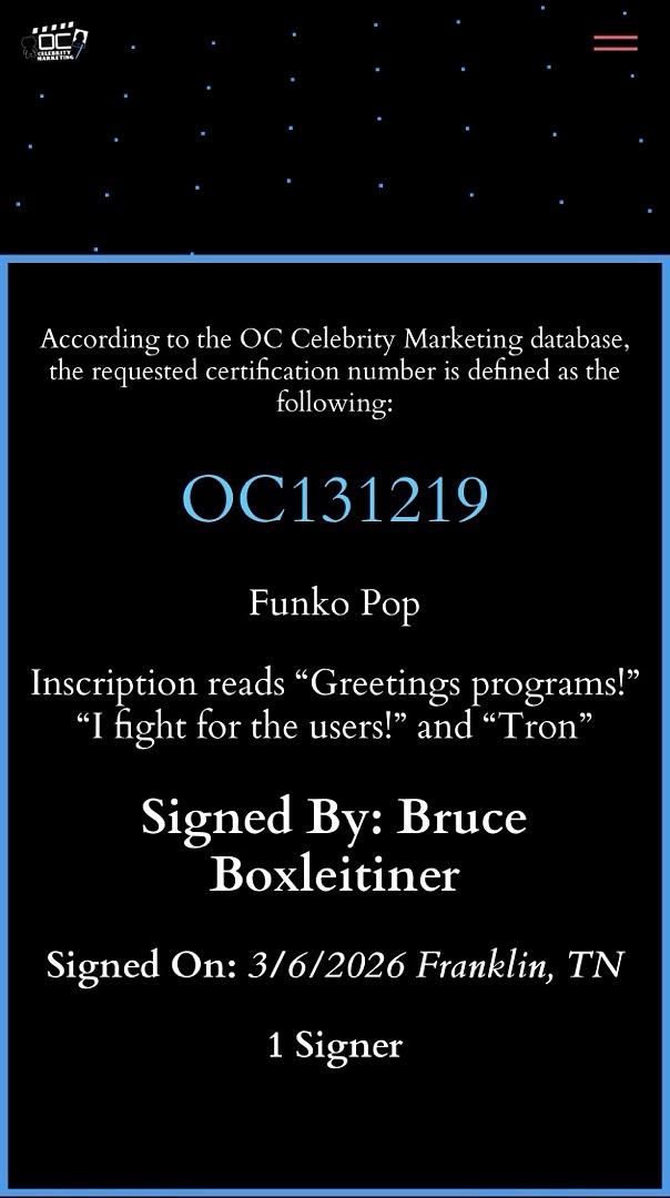 Bruce Boxleitner signed "Tron" Funko #489 w/ 2 quotes & character name - OC Celebrity Marketing