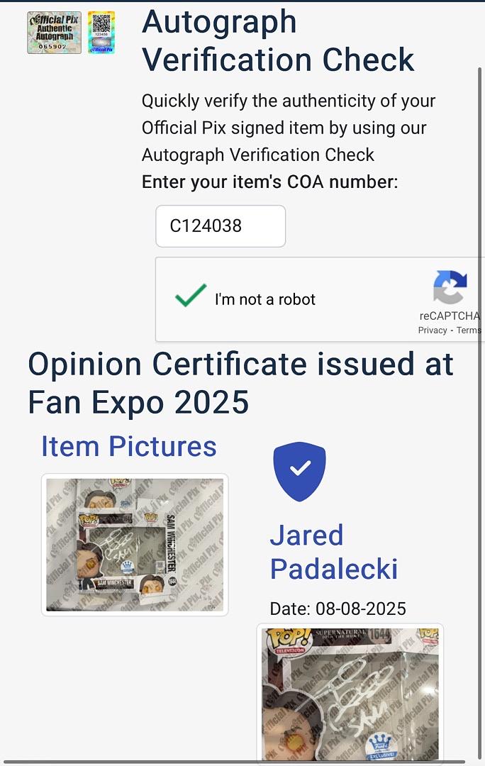 Jared Padalecki (Supernatural) signed Funko #1644 w/character inscription - Official Pix COA