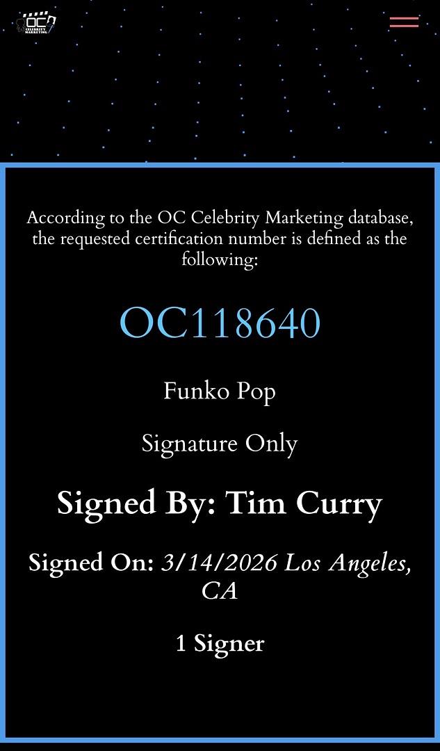 Tim Curry Signed RARE Funko #1834 "Pennywise" (IT: The Movie) - OC Celebrity Marketing COA