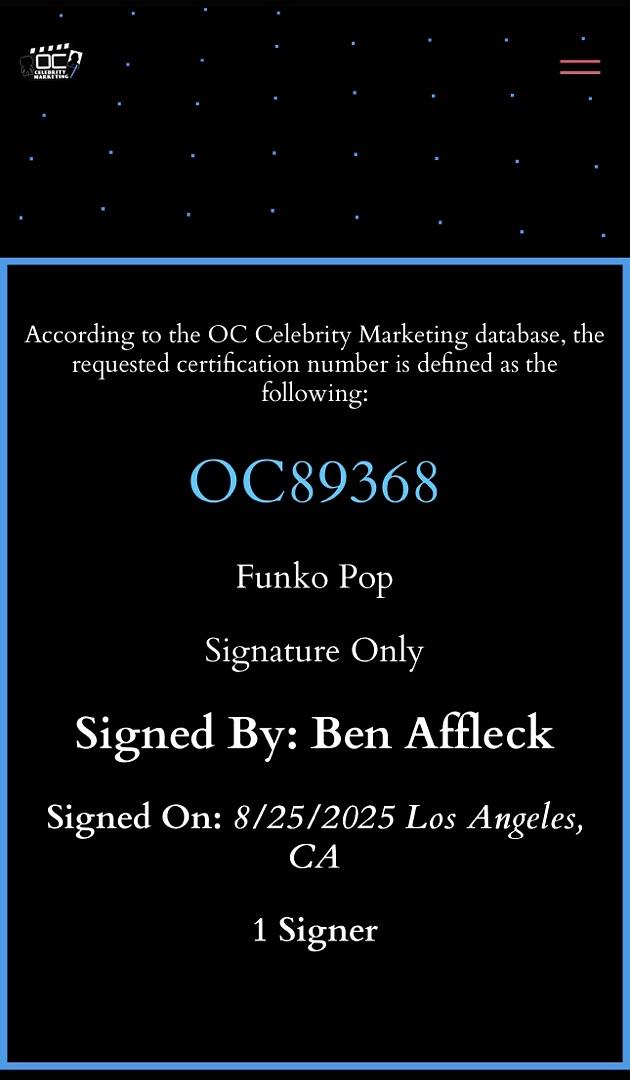 Ben Affleck signed "Batman" Signature Series Funko #88- Beckett/OC Celebrity Marketing COA