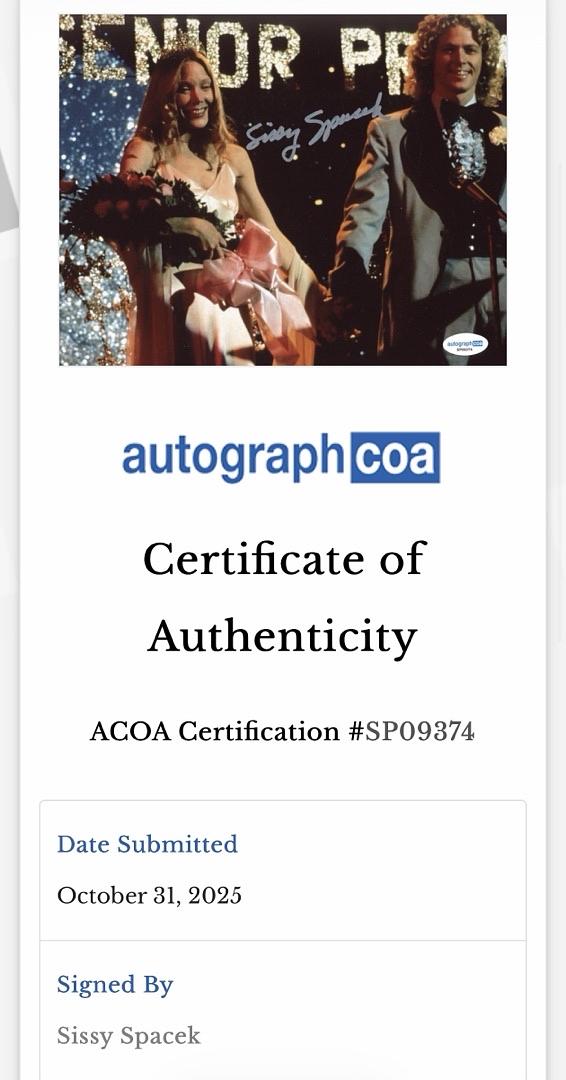 Sissy Spacek signed 8x10 (Carrie) - ACOA COA