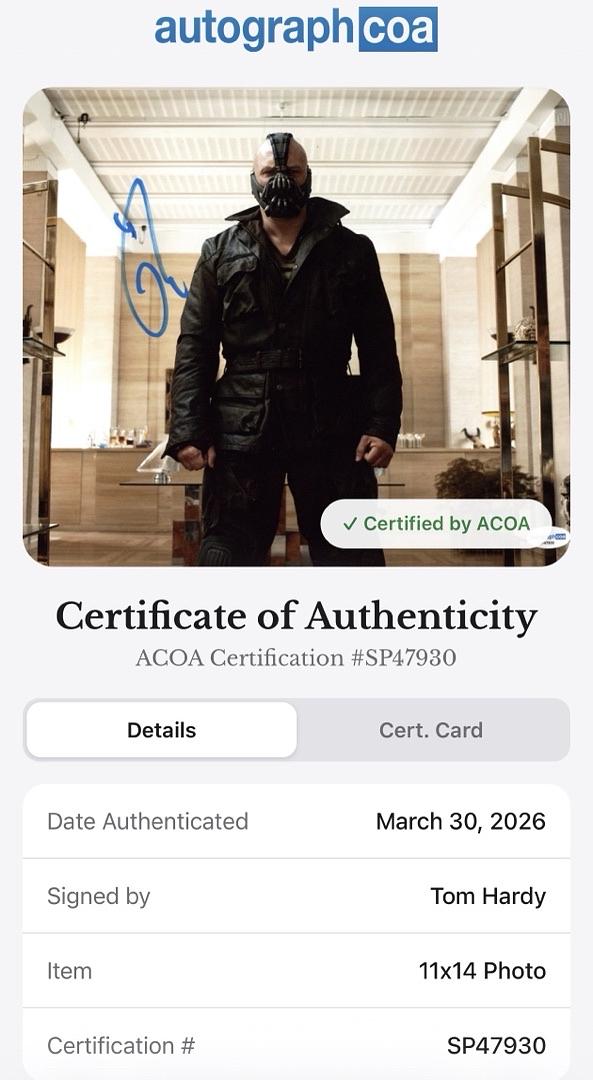 Tom Hardy Signed 11x14 Photo (Batman) - ACOA