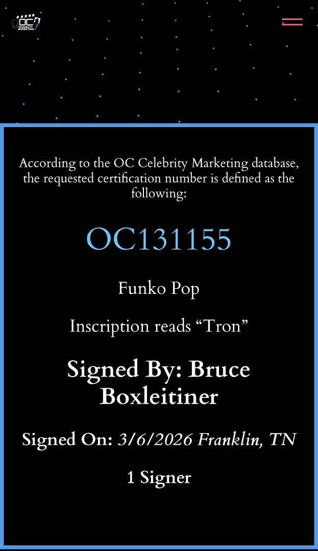 Bruce Boxleitner signed "Tron" Funko #489 w/character name - OC Celebrity Marketing