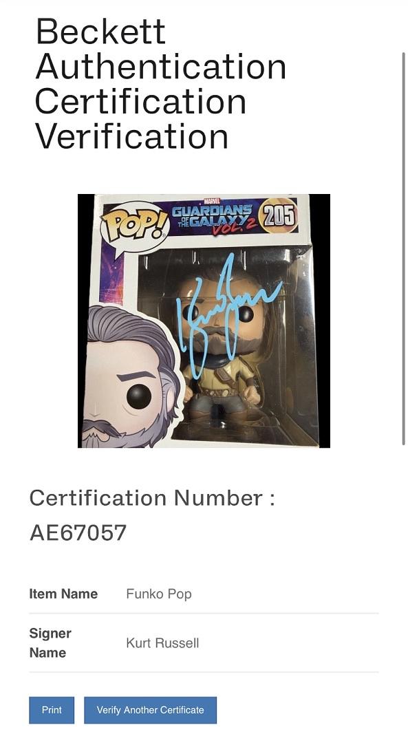 Kurt Russell Signed Funko Pop #205 "Ego" Guardians of The Galaxy - Beckett COA and full LOA