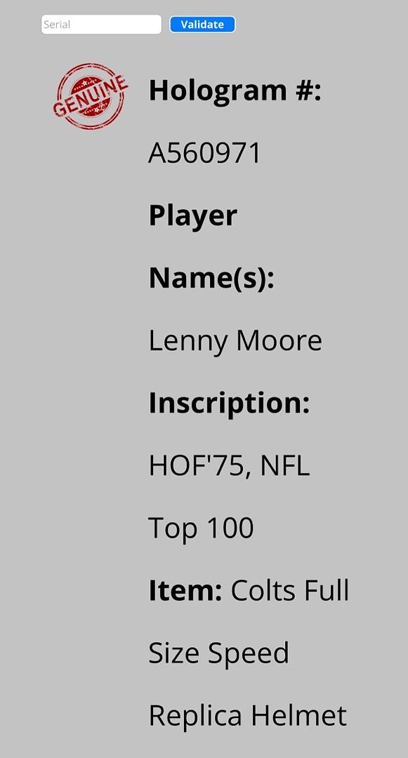 Lenny Moore (Colts) signed full size replica helmet w/HOF and NFL Top 100 inscription - Schwartz COA