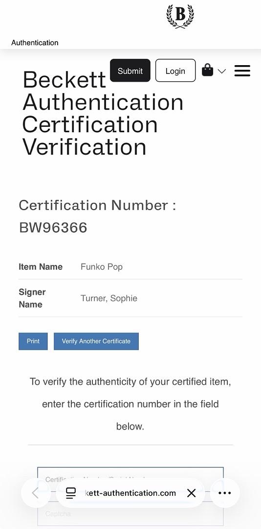 Sophie Turner signed "Sansa Stark" Funko #28 (Game of Thrones) - *RARE* Beckett COA