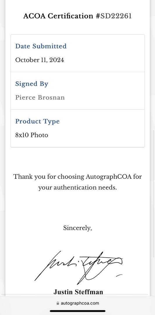 Pierce Brosnan Signed 8x10 Photo (James Bond) - ACOA