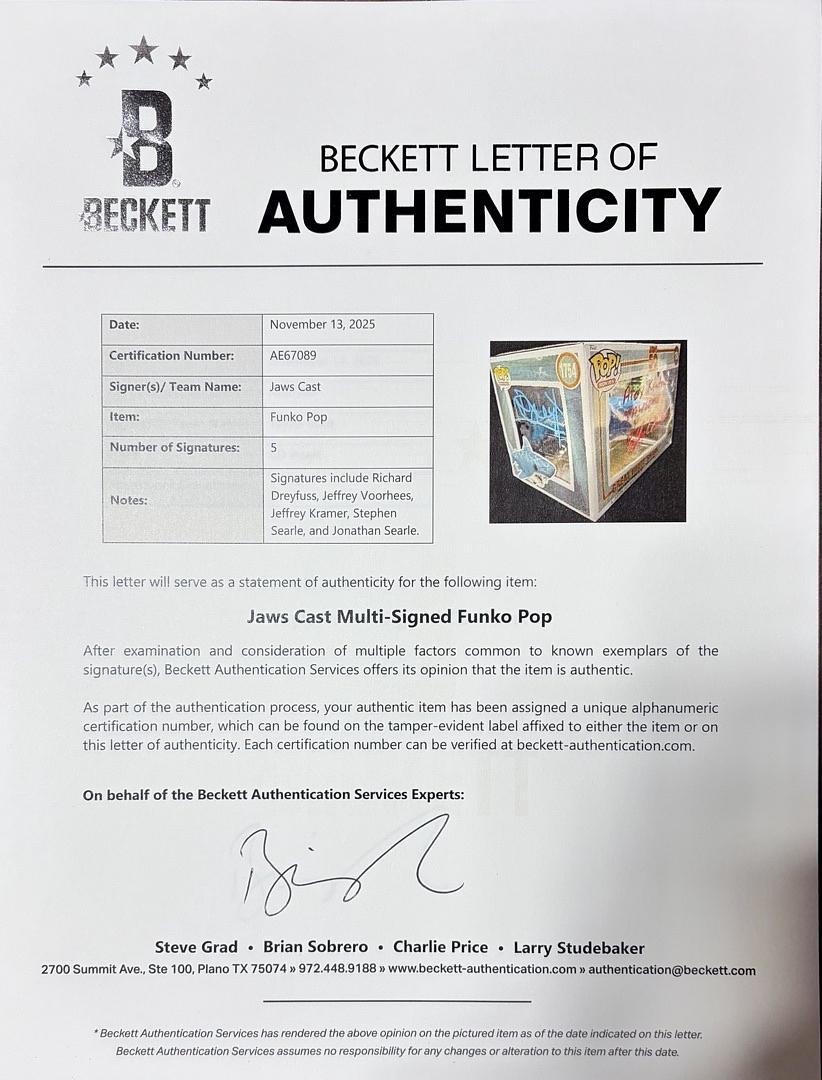 Richard Dreyfuss, Jeffrey Kramer, Jeffrey Vorhees, Stephen and Jonathan Searle, Signed Funko Pop #1754 (Jaws) - Beckett COA #01