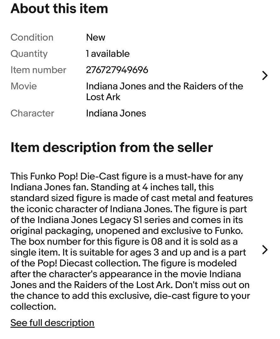 Harrison Ford "Indiana Jones" signed Die-Cast Funko #08 - Beckett COA **RARE**
