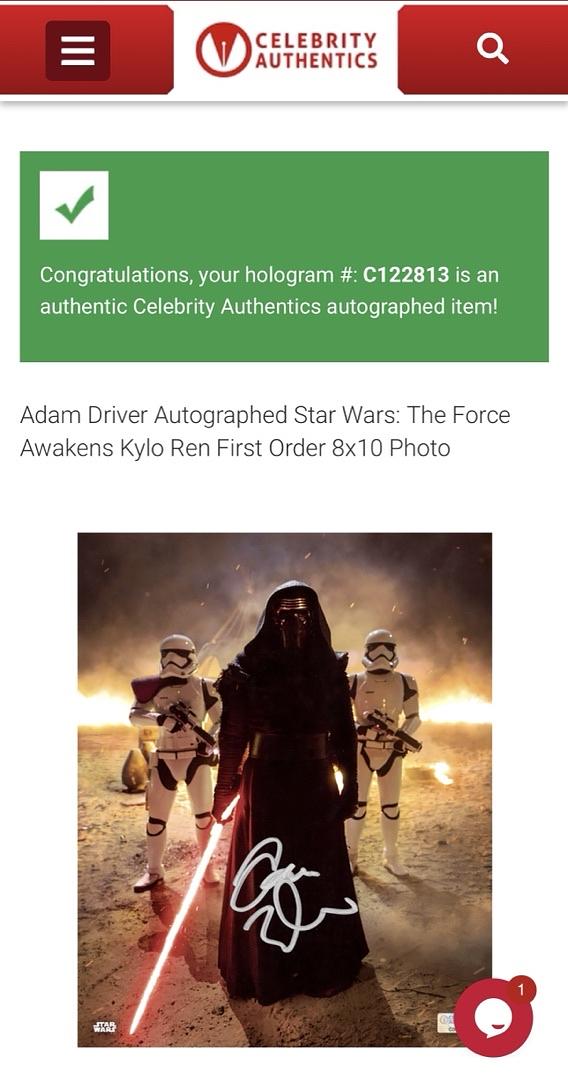 Adam Driver signed 8x10 (Star Wars) - Celebrity Authentics COA