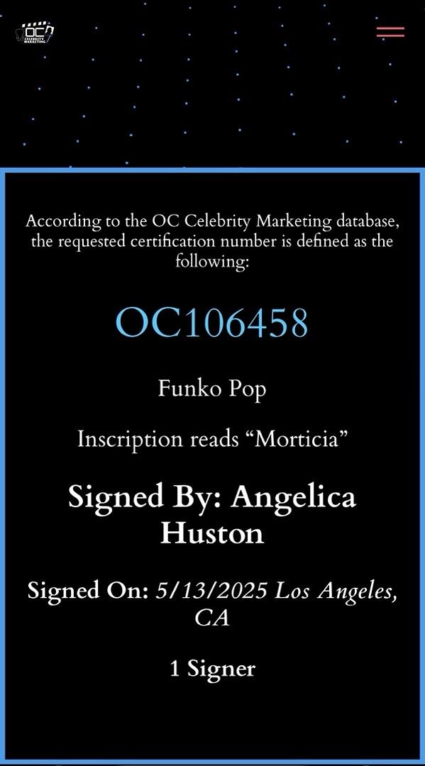 Anjelica Huston Signed Funko Pop #809 "Morticia Addams" (Addams Family) - OC Celebrity Marketing