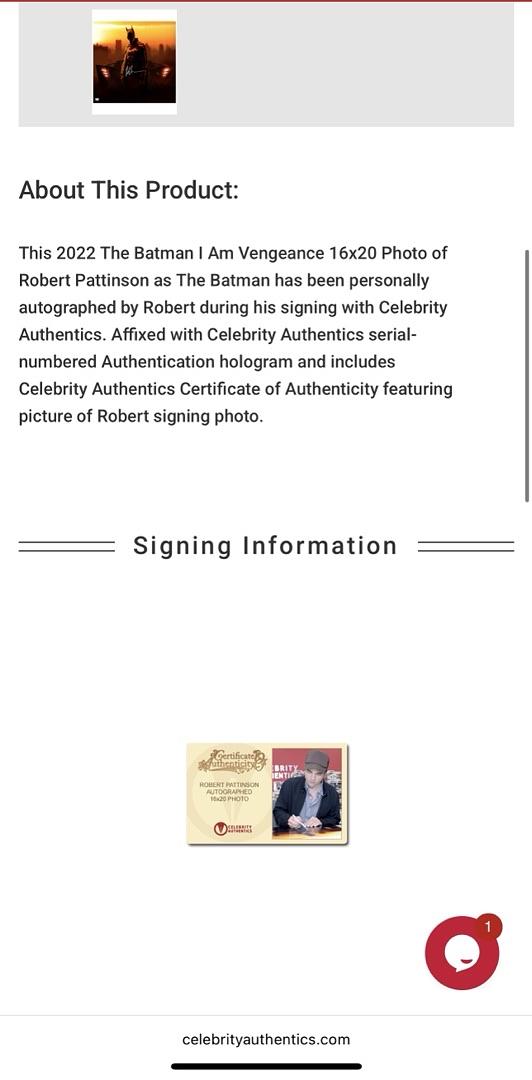 Robert Pattinson signed 16x20 "Batman" - Celebrity Authentics COA