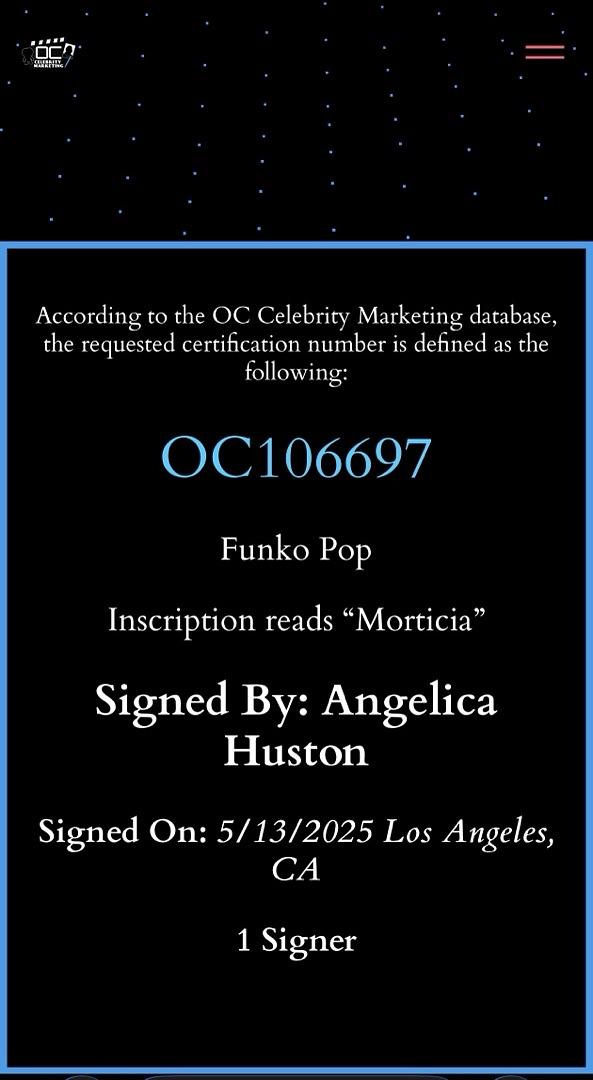 Anjelica Huston Signed Funko Pop #1550 "Morticia Addams" (Addams Family) - OC Celebrity Marketing COA