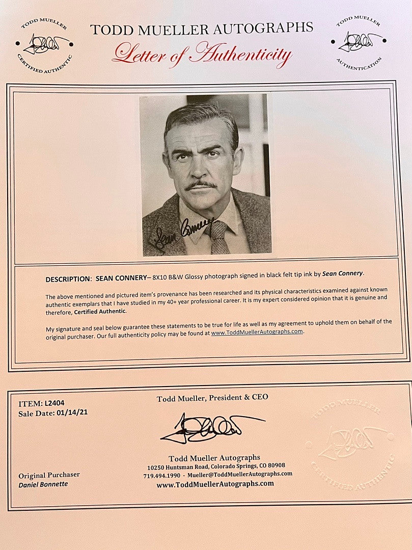 Sean Connery (James Bond) Signed 8x10 Photo - Todd Mueller COA