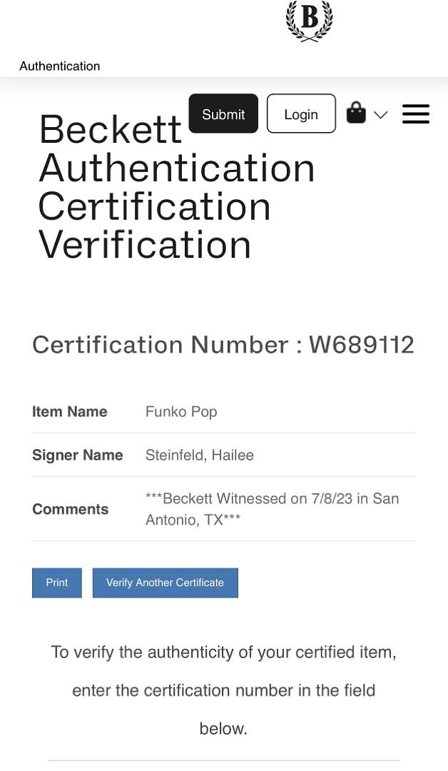 Hailee Steinfeld signed "Kate Bishop" Funko #1212 (Marvel) - Beckett COA