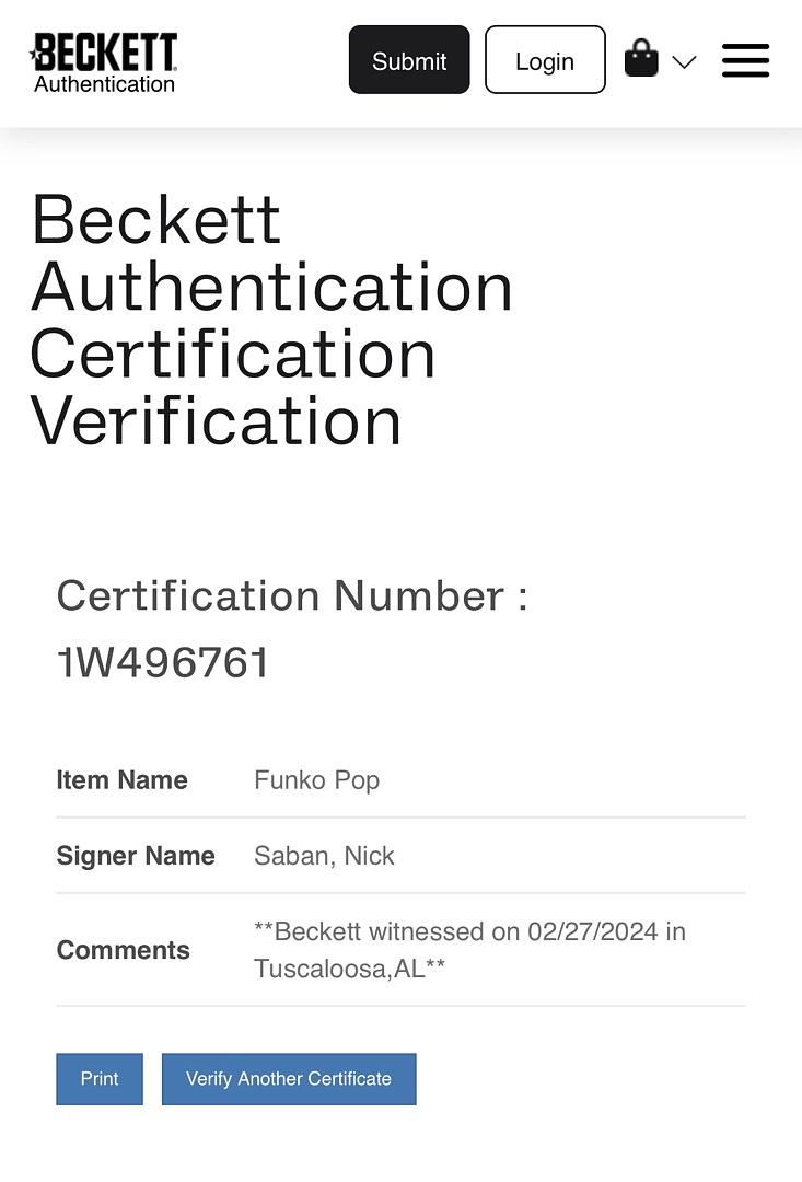 Nick Saban signed Funko #01 - Beckett COA
