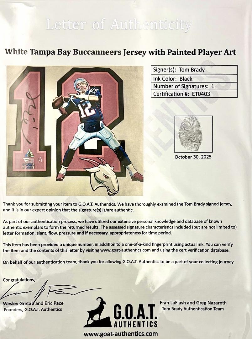 Tom Brady Autographed Custom Hand Painted Tampa Bay Buccaneers Jersey 1/1 Fanatics & GOAT COA