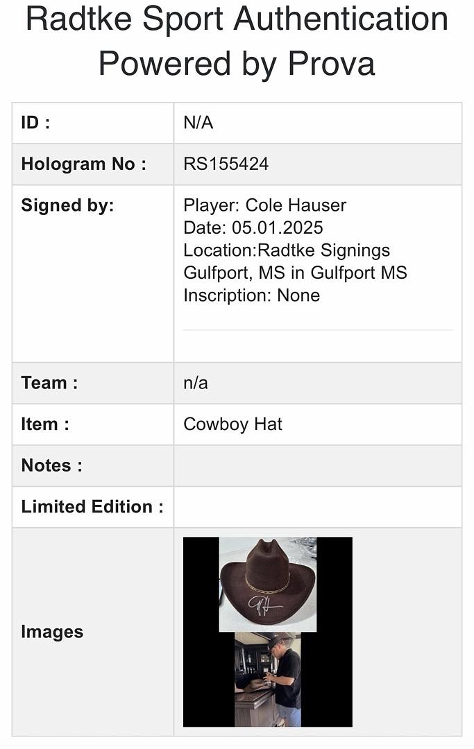 Cole Hauser Signed Cowboy Hat (Yellowstone) *RARE* - Radtke COA