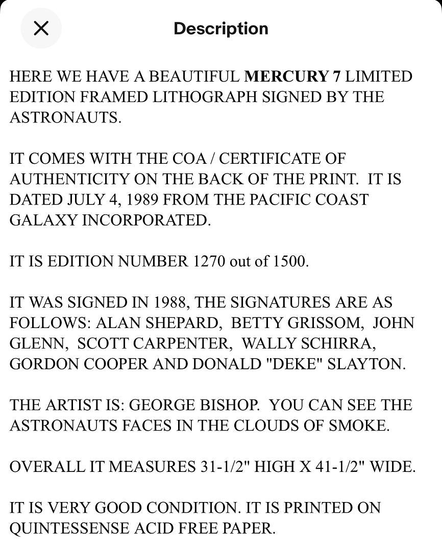Mercury 7 signed limited edition 42x32 lithograph (1270/1500) *RARE*