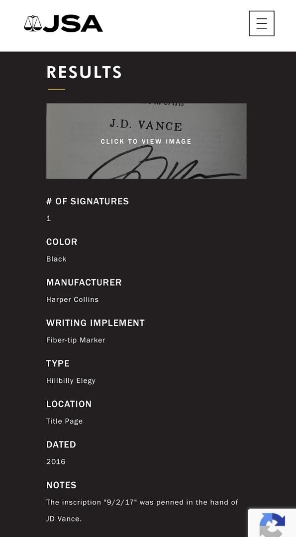 JD Vance (Vice-President) Signed "Hillbilly Elegy" Book #01