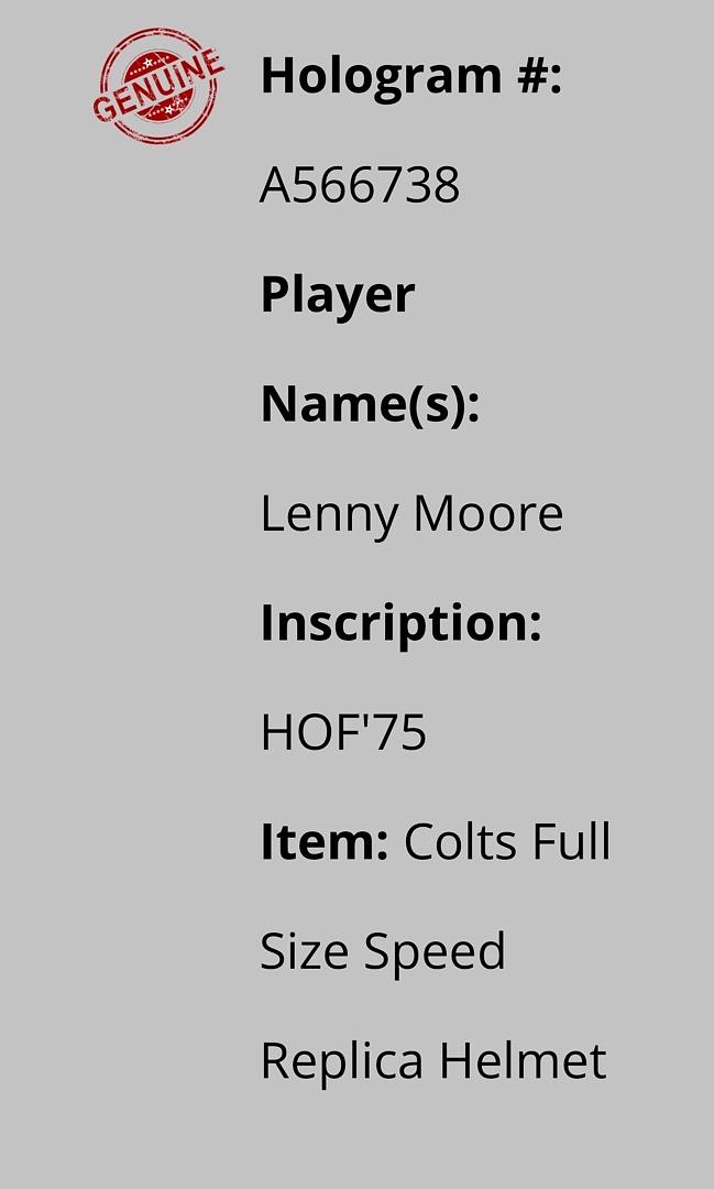 Lenny Moore (Colts) signed full size replica helmet w/HOF inscription - Schwartz COA
