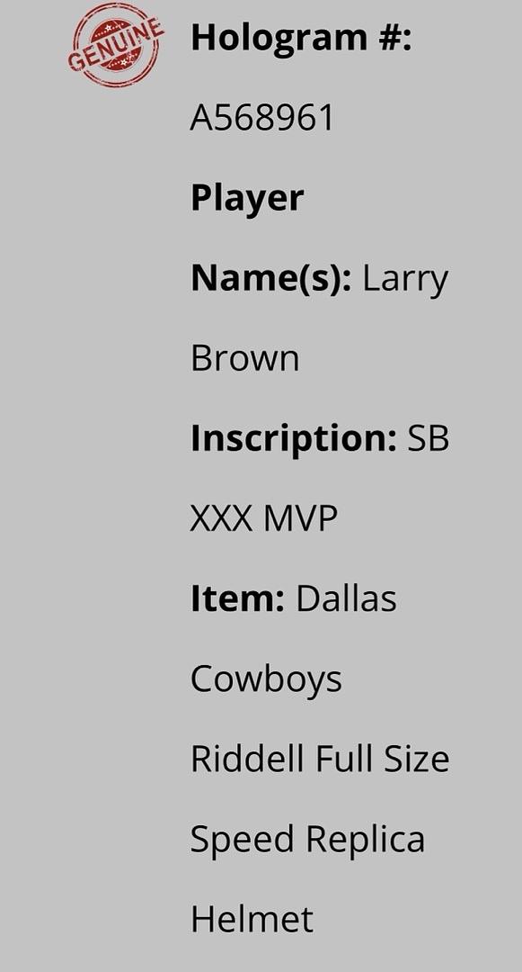 Larry Brown (Cowboys) signed full-size replica helmet w/Super Bowl MVP inscription - Schwartz COA