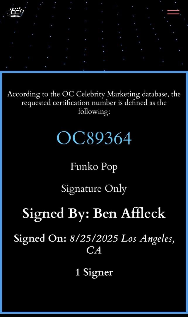 Ben Affleck signed "Batman" Signature Series Funko #88- Beckett/OC Celebrity Marketing COA (Copy)