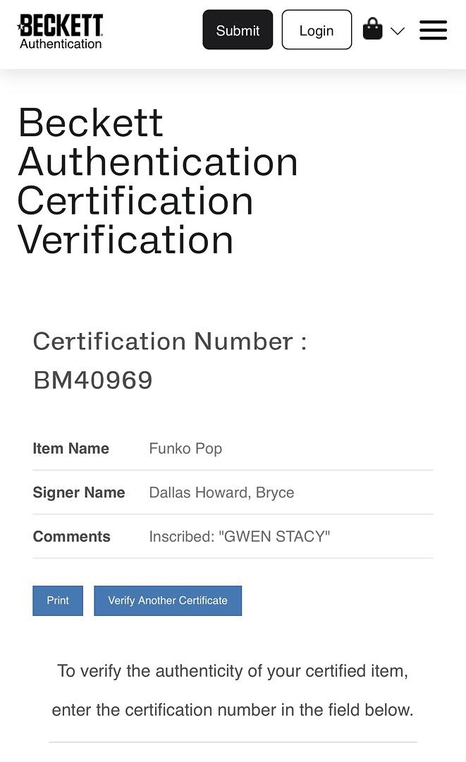 Bryce Dallas Howard Signed Funko Pop #1275 "Gwen Stacy" (Spider-Man) - Beckett COA