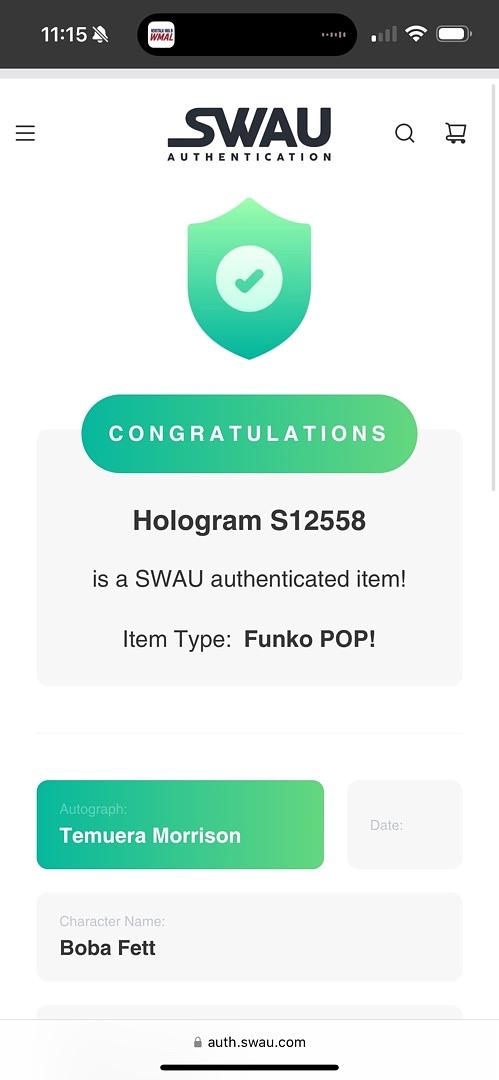 Temeura Morrison signed Star Wars Funko #462 "Boba Fett" - SWAU COA