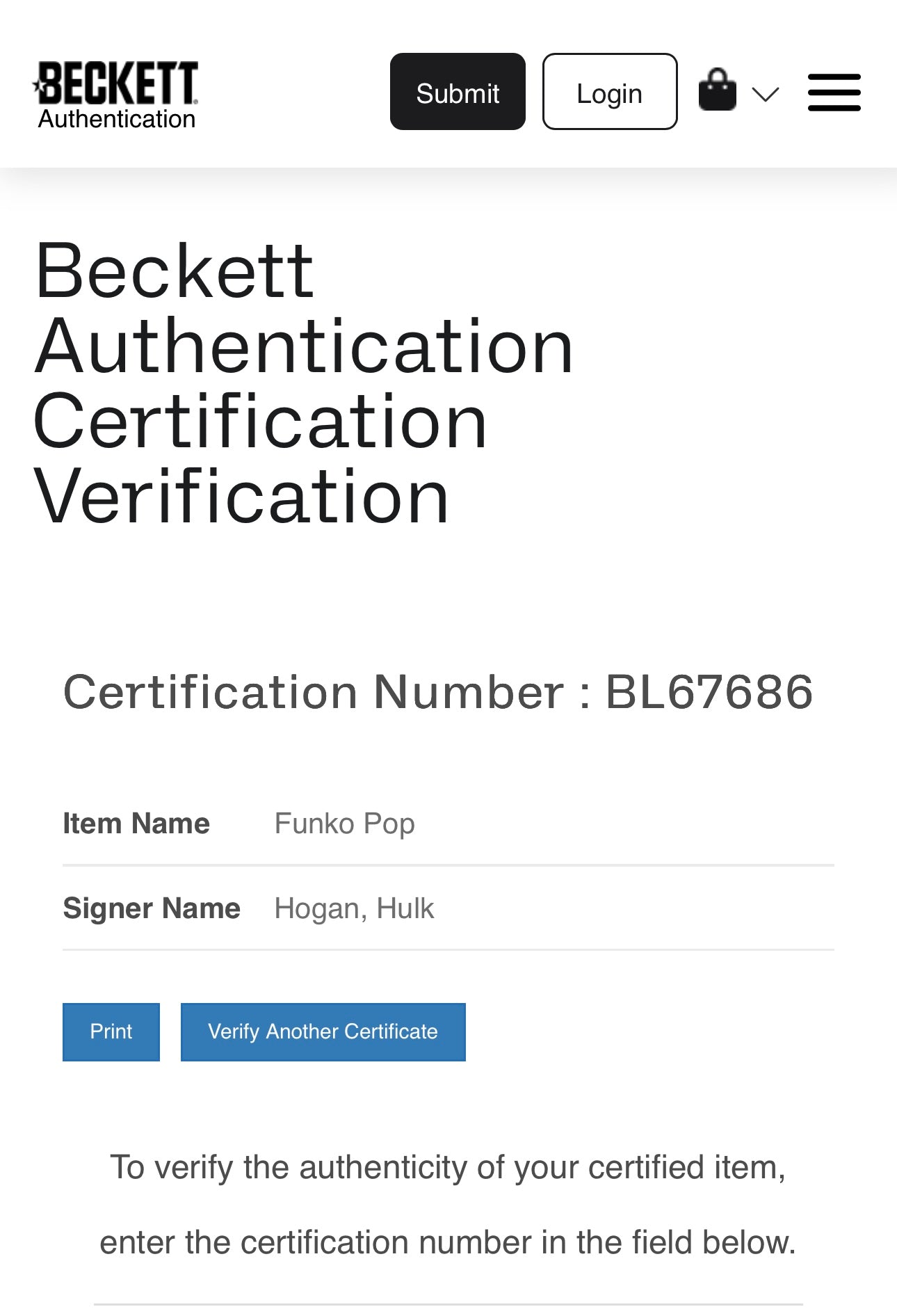 Hulk Hogan #71 signed Funko Beckett COA