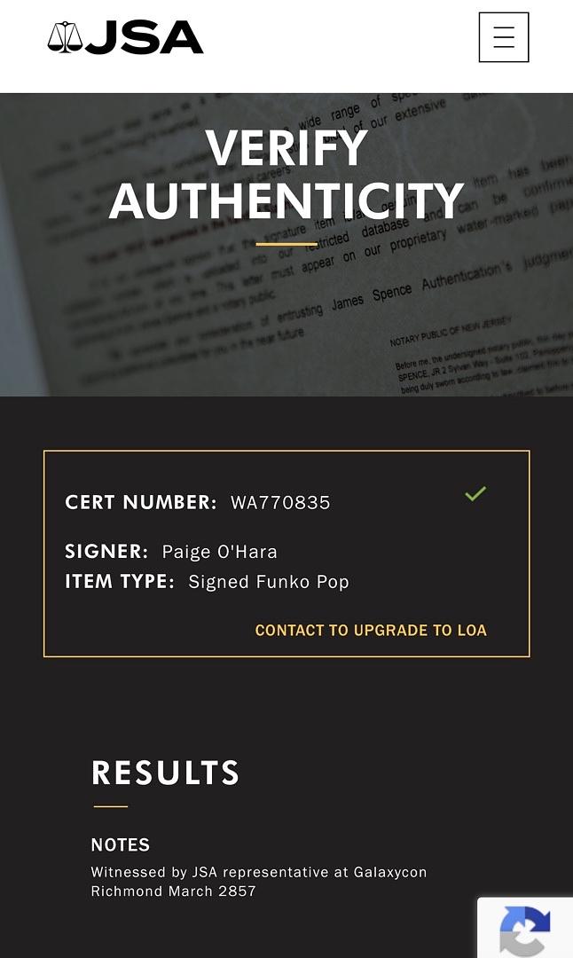 Paige O'Hara signed "Belle" Funko #1137 (Beauty and the Beast) - JSA COA