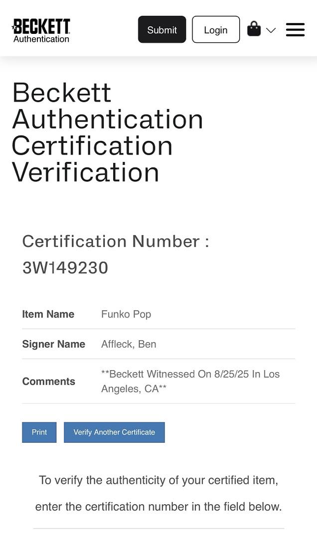 Ben Affleck signed "Batman" Signature Series Funko #88- Beckett/OC Celebrity Marketing COA