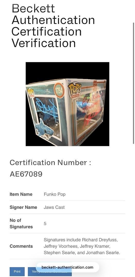 Richard Dreyfuss, Jeffrey Kramer, Jeffrey Vorhees, Stephen and Jonathan Searle, Signed Funko Pop #1754 (Jaws) - Beckett COA #01
