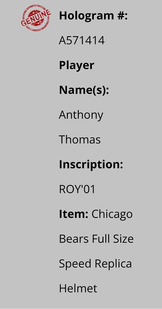 Anthony Thomas (Bears) signed full size replica helmet w/ROY inscription - Schwartz COA