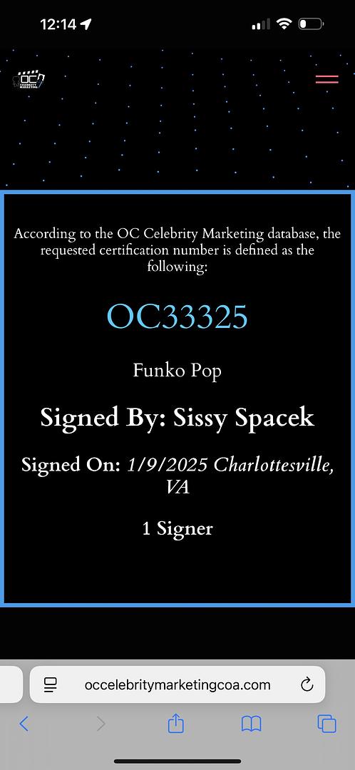 Sissy Spacek Signed Funko Pop #1247 (Carrie) - OC Celebrity Marketing #02