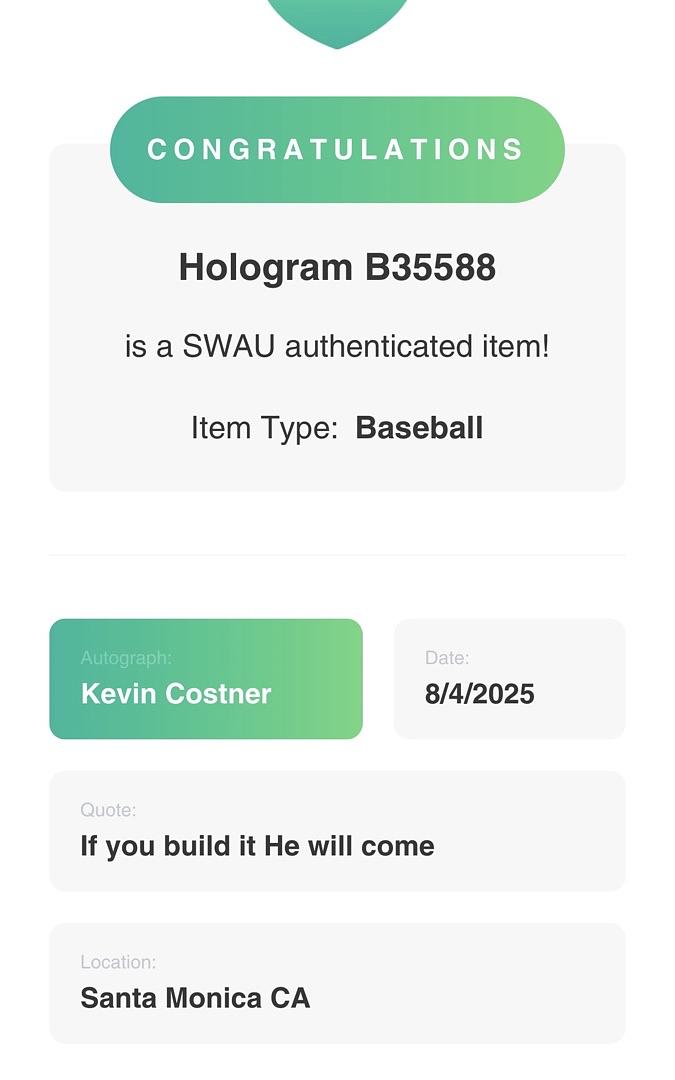 Kevin Costner signed baseball w/quote - SWAU COA