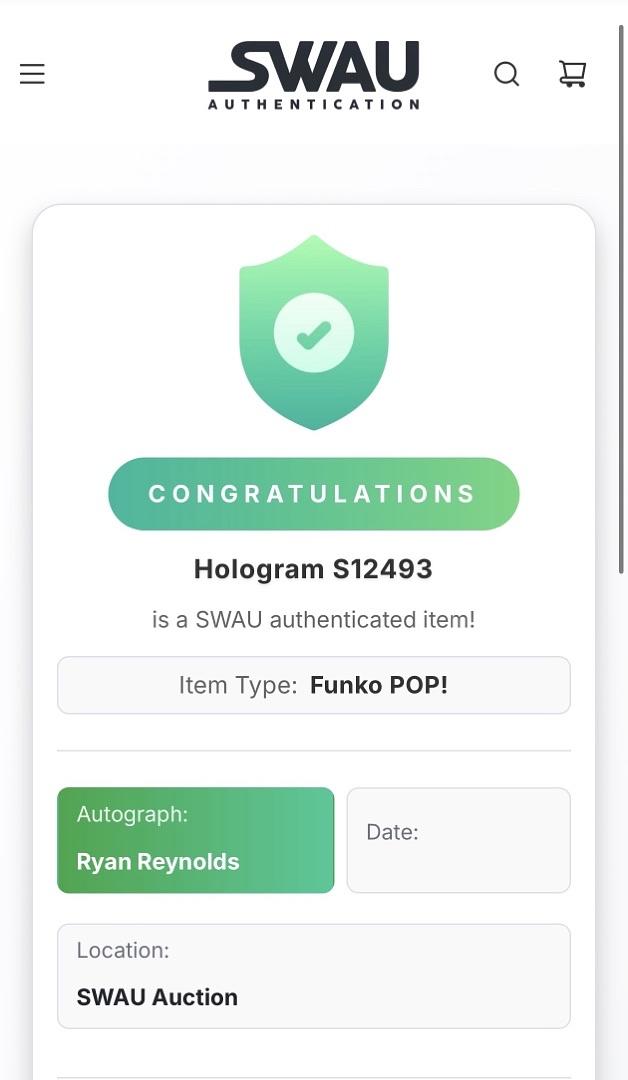 Ryan Reynolds Signed Funko Pop #1362 (Deadpool) - SWAU COA