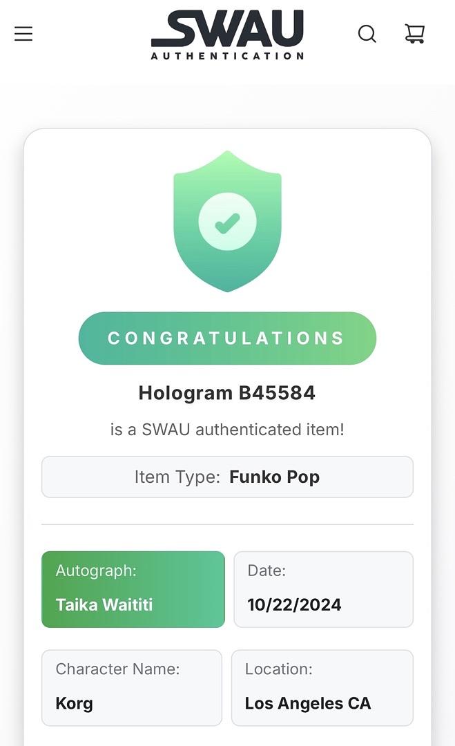 Taika Waititi signed "Korg" signed Funko #328 (Thor) - SWAU COA