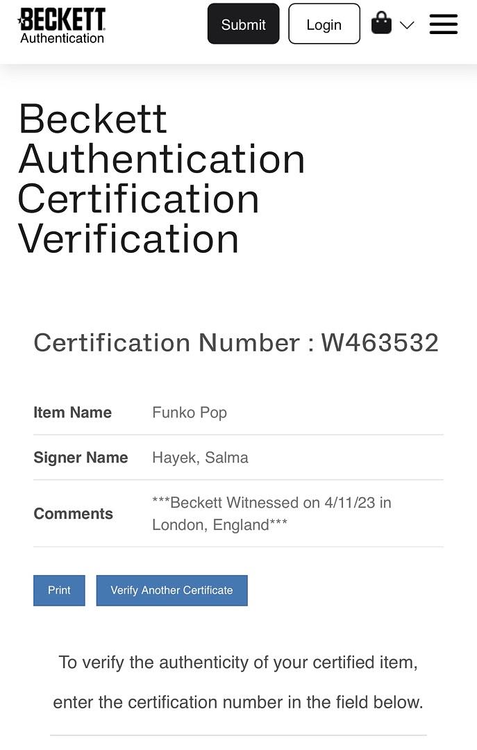 Selma Hayek signed Funko #735 "Eternals" - Beckett COA