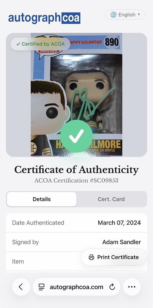 Adam Sandler Signed Funko Pop #890 "Happy Gilmore" - ACOA COA