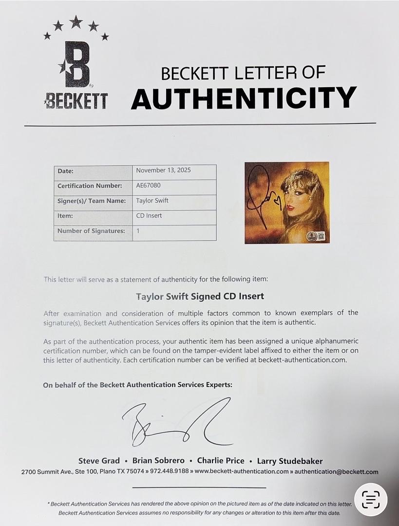 Taylor Swift matted, signed "Life of a Showgirl" CD Insert Photo 1 - Beckett COA and full LOA