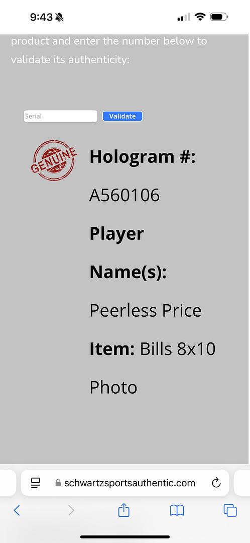 Peerless Price (Bills) signed 8x10 - Schwartz COA