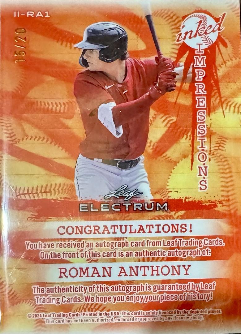 Roman Anthony 2024 Leaf Inked Impressions Electrum Autograph Card 15/20