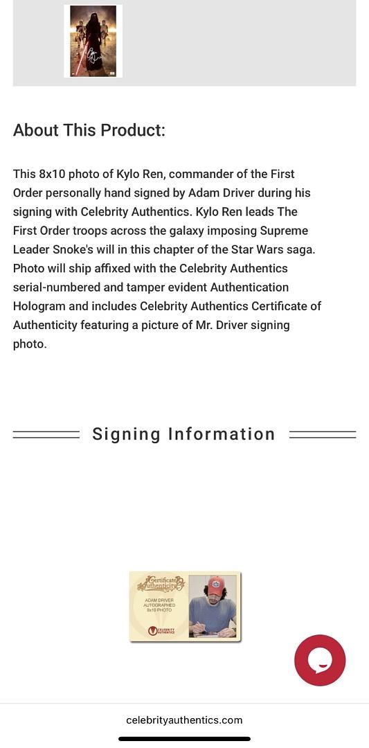 Adam Driver signed 8x10 (Star Wars) - Celebrity Authentics COA
