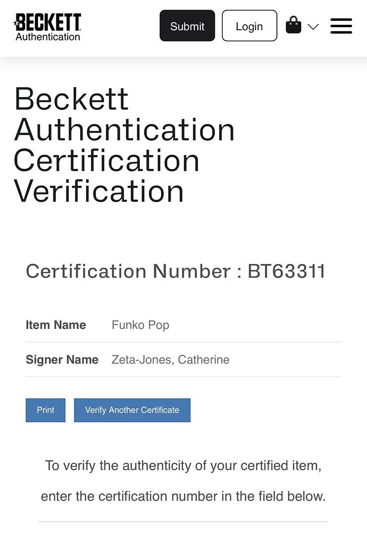 Catherine Zeta-Jones signed "Wednesday" Funko #1818 - Beckett COA