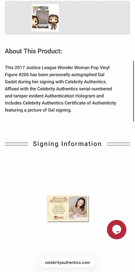 Gal Gadot Signed Funko Pop #206 Wonder Woman - Celebrity Authentics COA