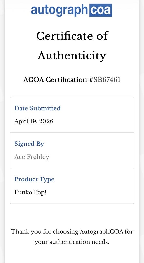 Ace Frehley Signed Funko Pop #123 "The Spaceman" (KISS) - ACOA COA