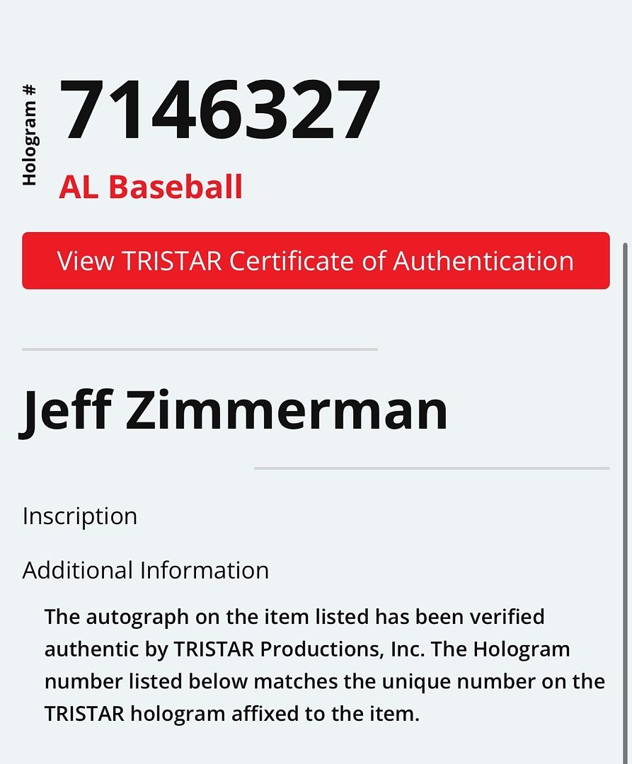 Jeff Zimmerman (Rangers) signed baseball - Tri-Star COA