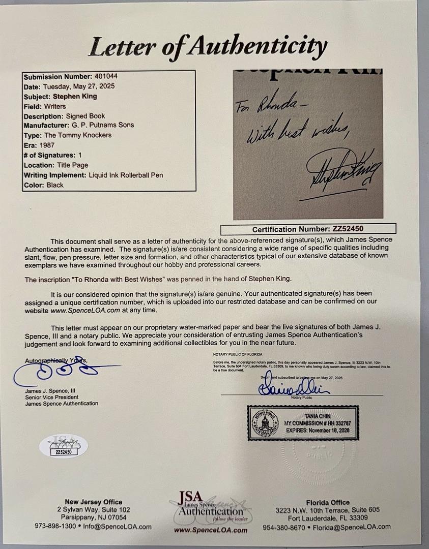 Stephen King Autographed Tommyknockers Signed Inscribed Slipcase Edition JSA w/full letter of authenticity