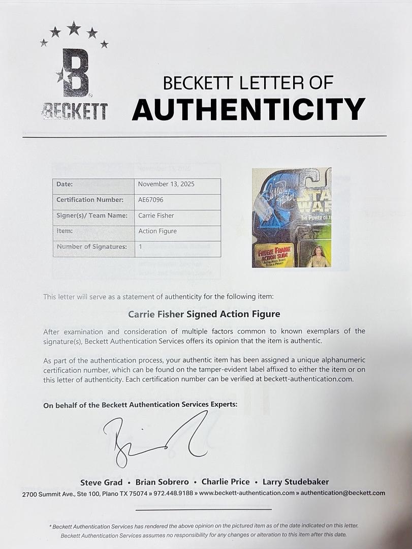 Carrie Fisher Signed 3.75" Action Figure Power Of The Force (Star Wars) - Beckett COA and full Letter of Authenticity